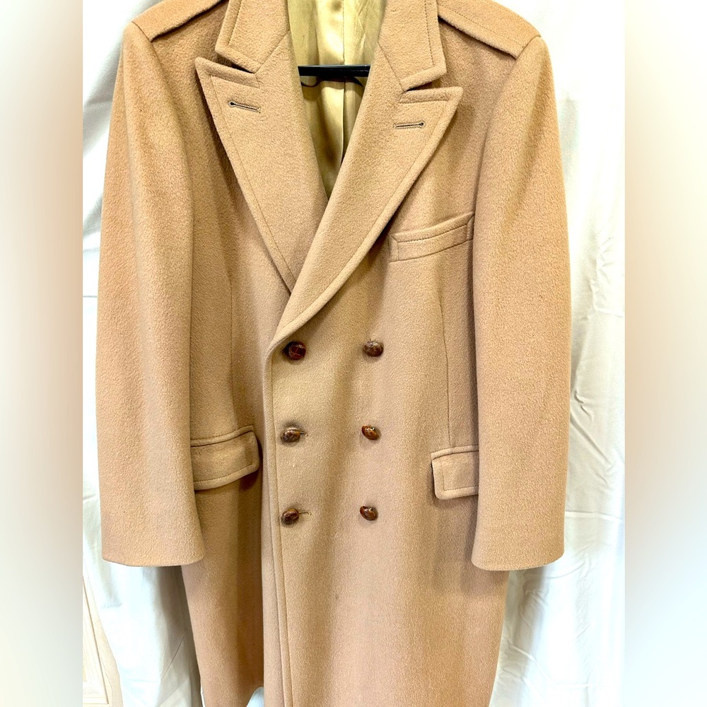 Men's 100% Pure Wool camel colored coat designed by Gorsart Co. NY